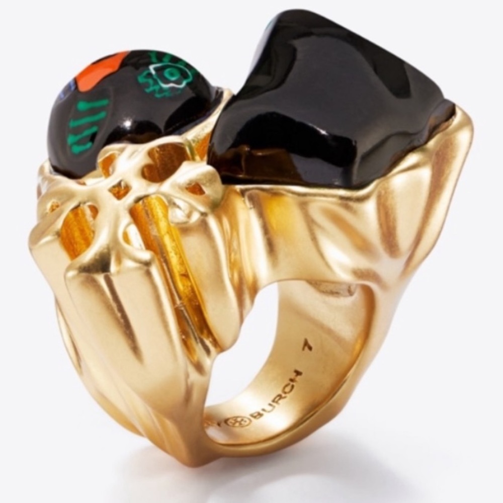Tory Burch Roxanne  gold & black semiprecious stone statement Ring